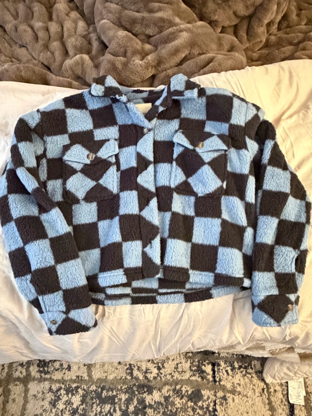 Thread & Supply Blue and Black Checkered Sherpa Puffer Jacket